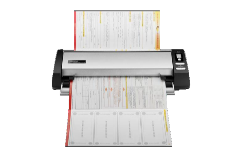 Scanner, blanc et noir sous fond blanc entrain d'imprimer une feuille de couleur rouge, blanc et jaune 